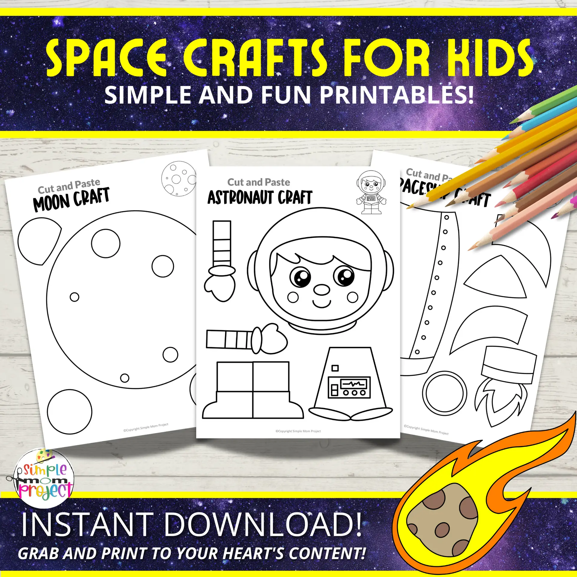 Planet & Space Crafts – 14 Black & White Printable Cut & Paste Templates for Kids - Image 2