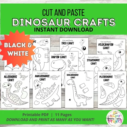 Dinosaur Crafts – 10 Black & White Printable Cut & Paste Templates for Kids