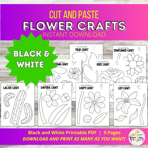 Flower Crafts – 8 Black & White Printable Cut & Paste Templates for Kids