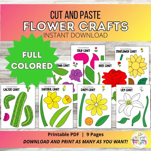 Flower Crafts – 8 Full-Color Printable Cut & Paste Templates for Kids
