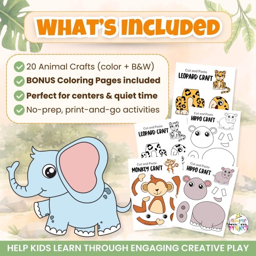 Printable safari animal crafts pack with coloring pages and cut and paste activities for preschool and kindergarten