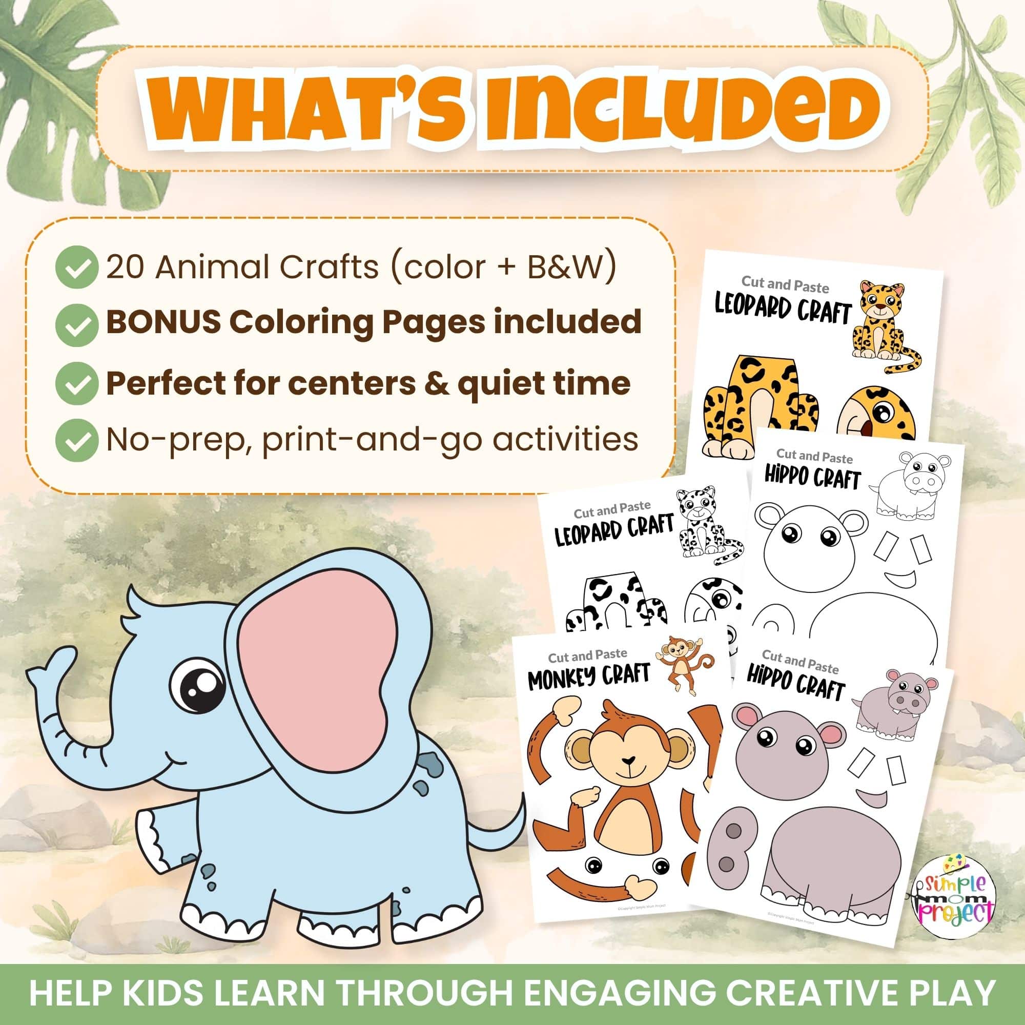 Printable safari animal crafts pack with coloring pages and cut and paste activities for preschool and kindergarten