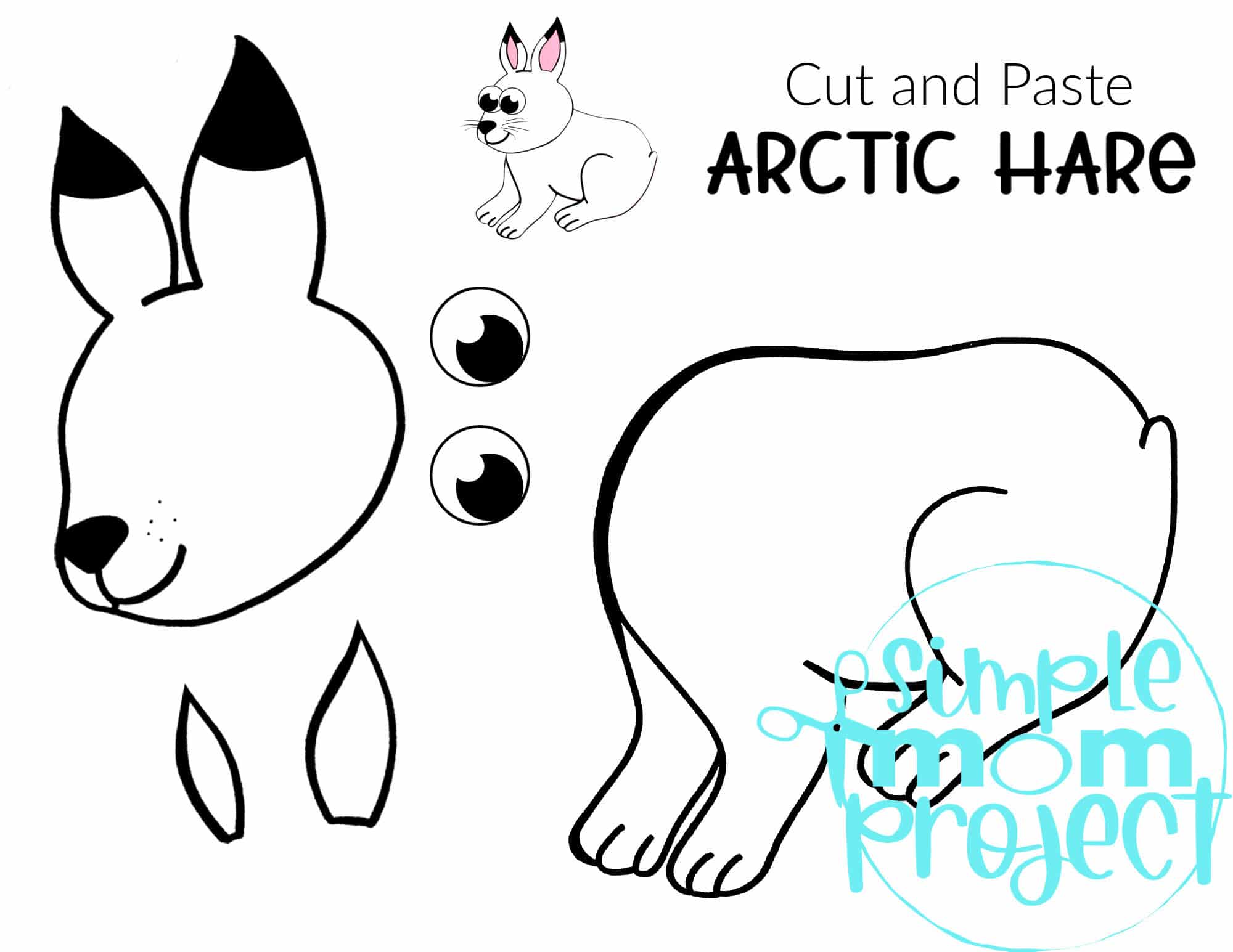 Printable Arctic Hare Arctic Animal Cut and Paste Crafts for Kids, kindergartners, preschoolers and toddlers 1