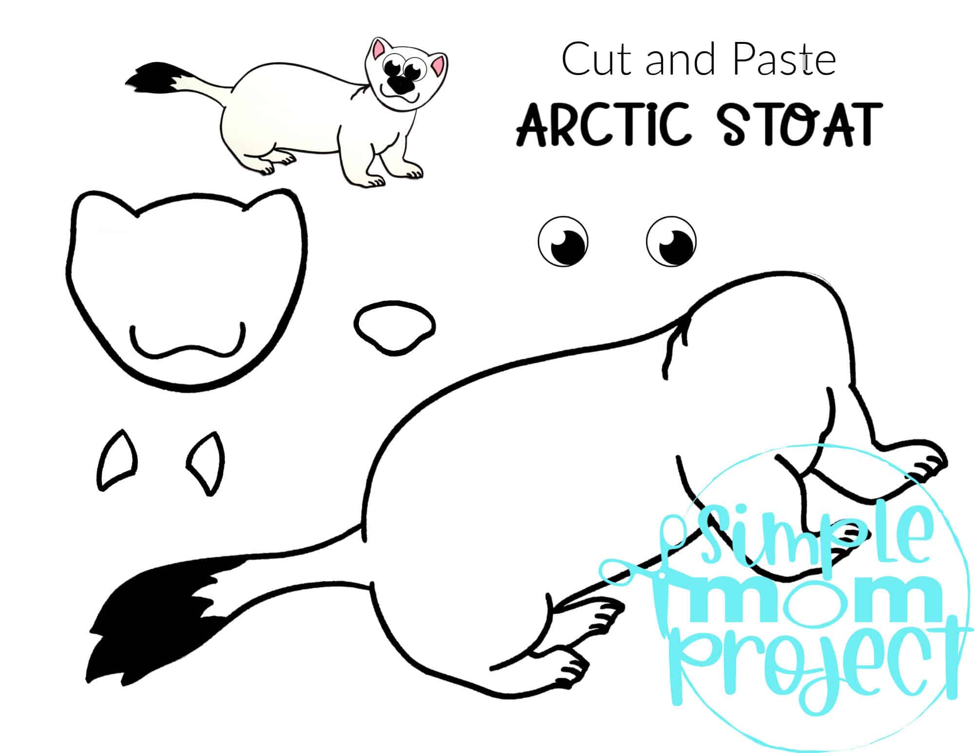 Printable Arctic Stoat Arctic Animal Cut and Paste Crafts for Kids, kindergartners, preschoolers and toddlers 1