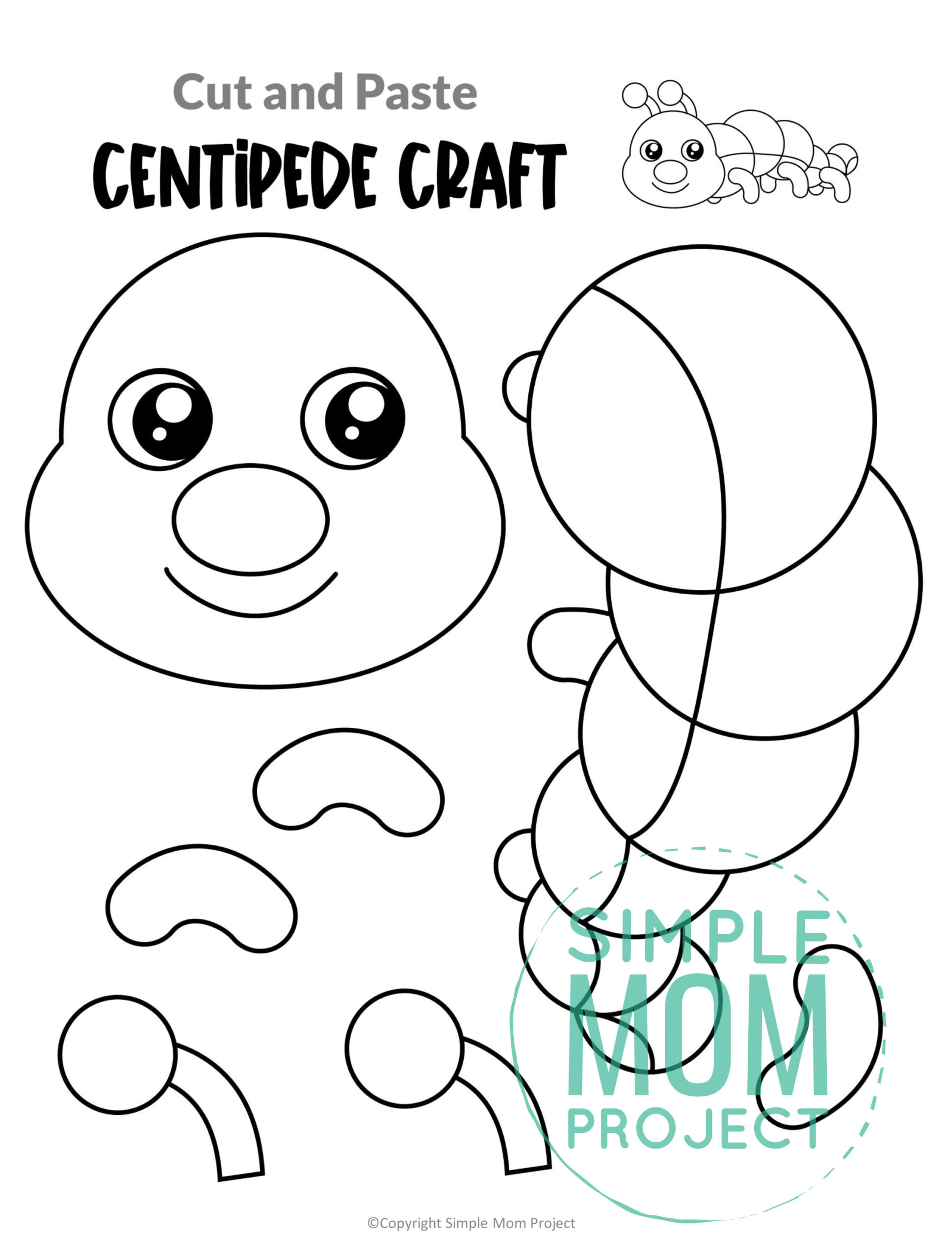 Printable Centipede Cut and Paste Craft Template for Toddler, Preschooler and Kindergarten Kids 1