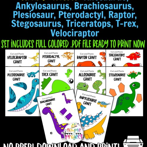 Looking for full colored printable dinosaur crafts for your preschool, toddler or kindergarten kids to color and have fun with? These easy diy paper dinosaur crafts are simple cut and paste templates to keep toddlers, preschoolers or even big kids amused for hours. Including our popular t-rex craft, triceratops craft and stegosaurus crafts and many more these are sure to be a big hit with your kids for fun craft activities or even homeschooling lessons. Click here to grab these awesome full colored dinosaur craft templates today.