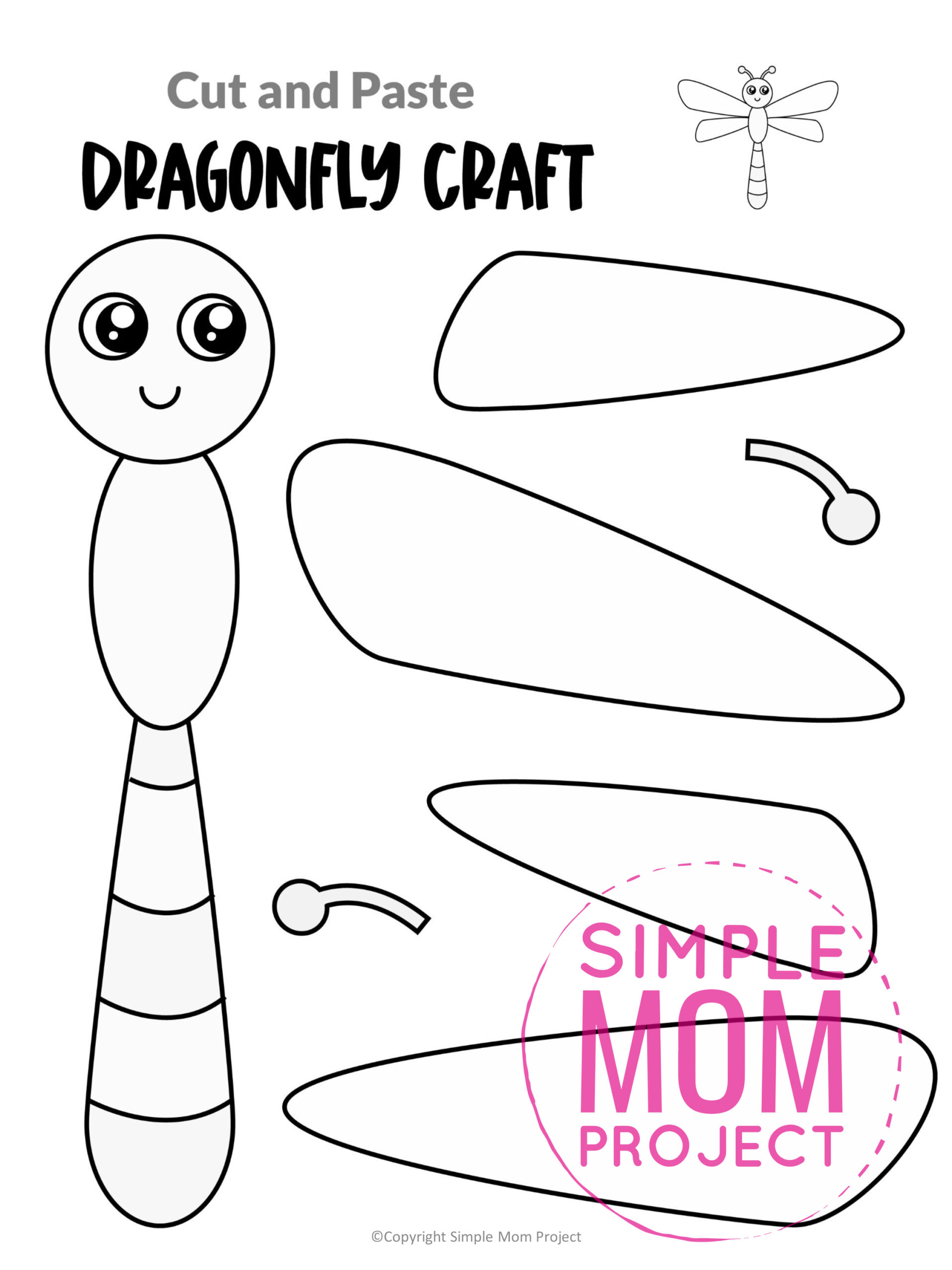 Printable Dragonfly Cut and Paste Craft Template for Toddler, Preschooler and Kindergarten Kids 1