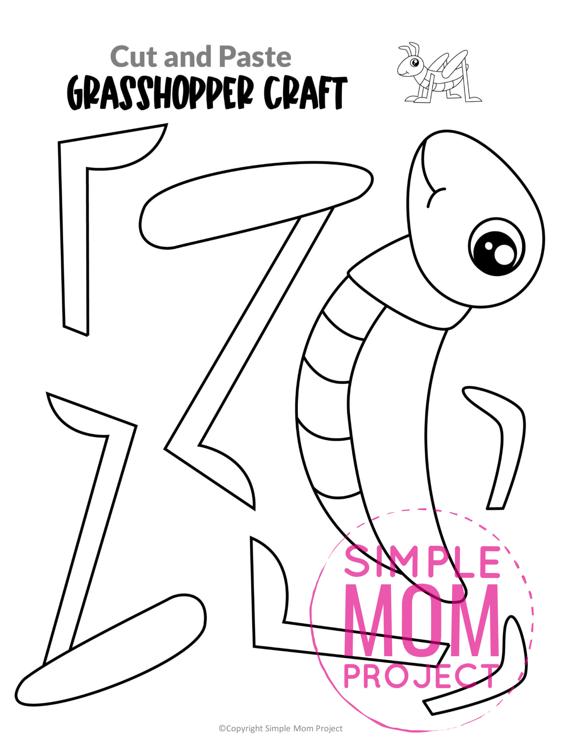 Printable Grasshopper Cut and Paste Craft Template for Toddler, Preschooler and Kindergarten Kids 1