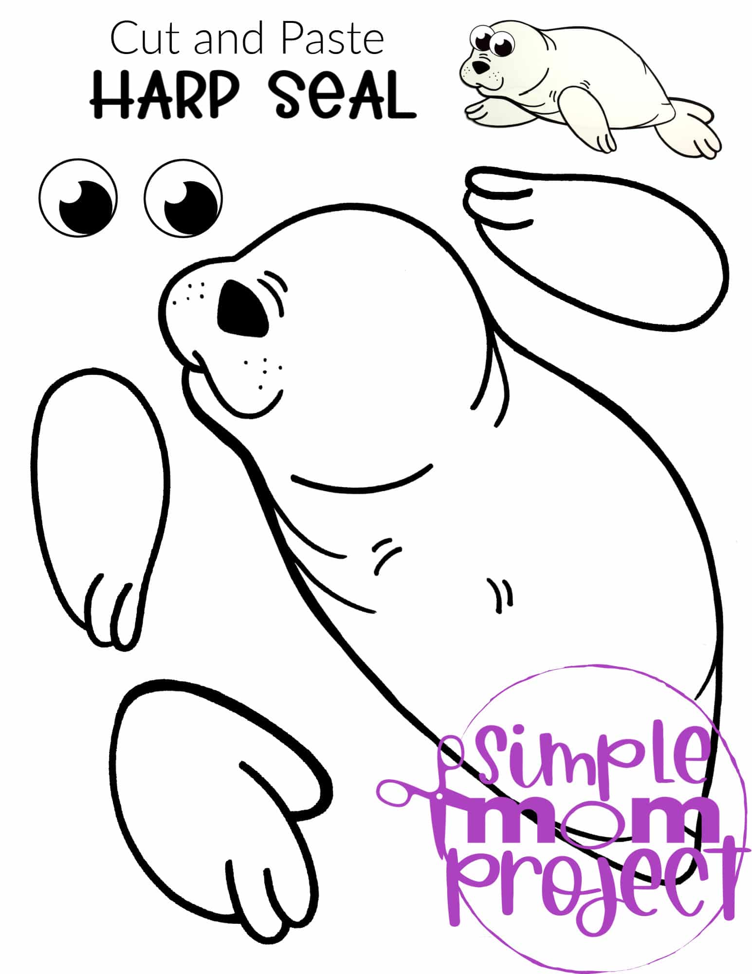 Printable Harp Seal Arctic Animal Cut and Paste Crafts for Kids, kindergartners, preschoolers and toddlers
