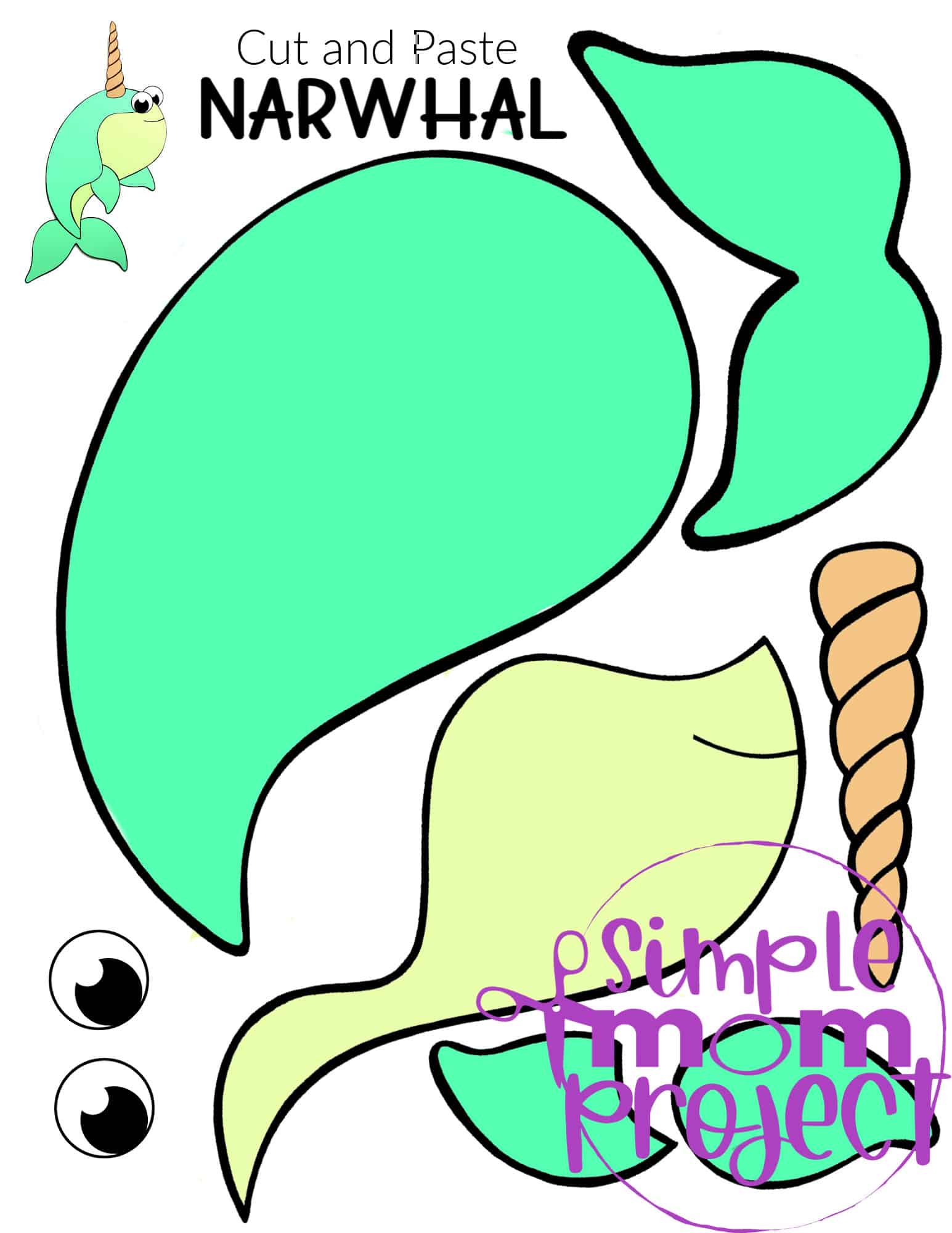 Printable Narwhal Arctic Animal Cut and Paste Crafts for Kids, kindergartners, preschoolers and toddlers 1