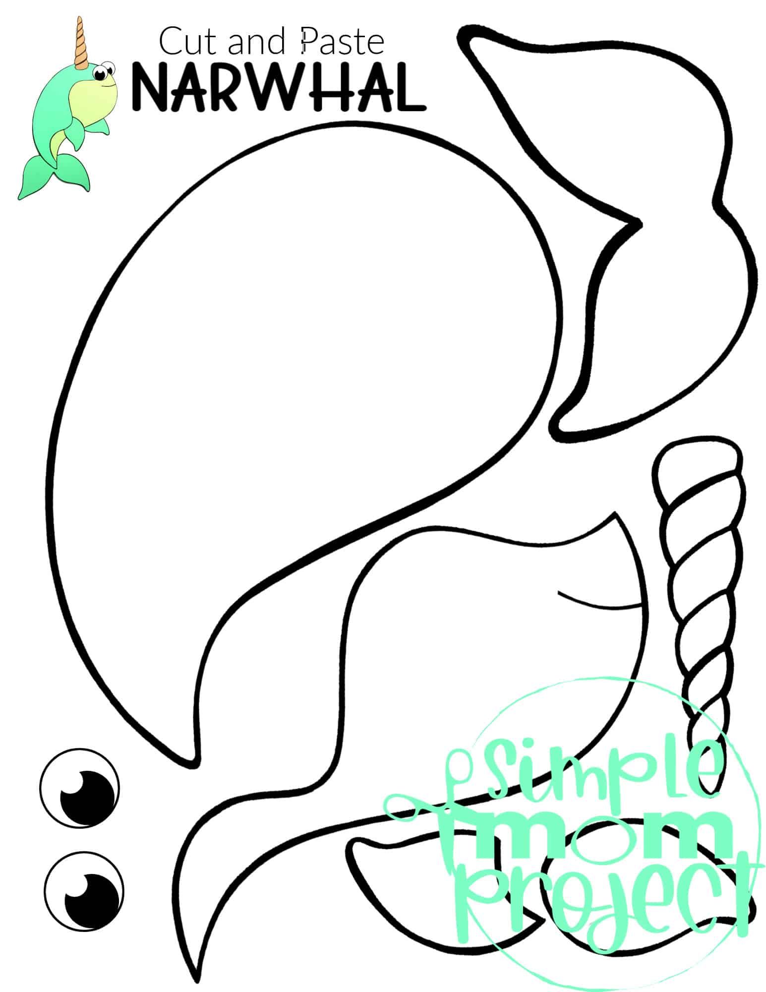 Printable Narwhal Arctic Animal Cut and Paste Crafts for Kids, kindergartners, preschoolers and toddlers 1