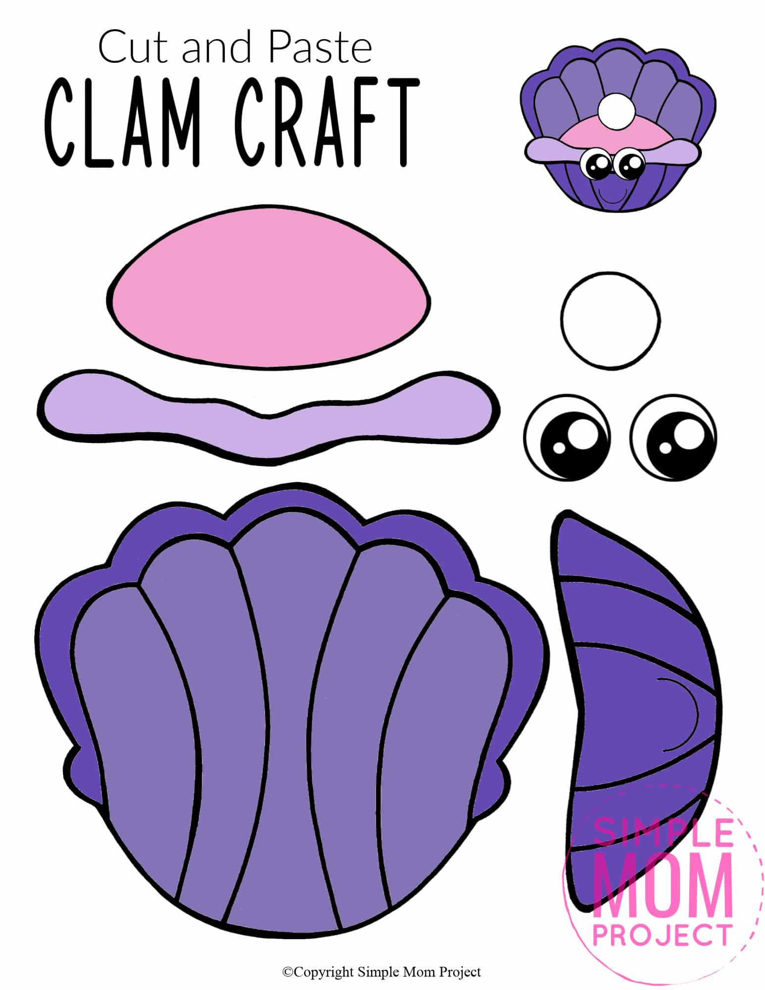Printable Ocean Animal Clam Crafts for kids of all ages, including preschoolers and toddlers clam template 3