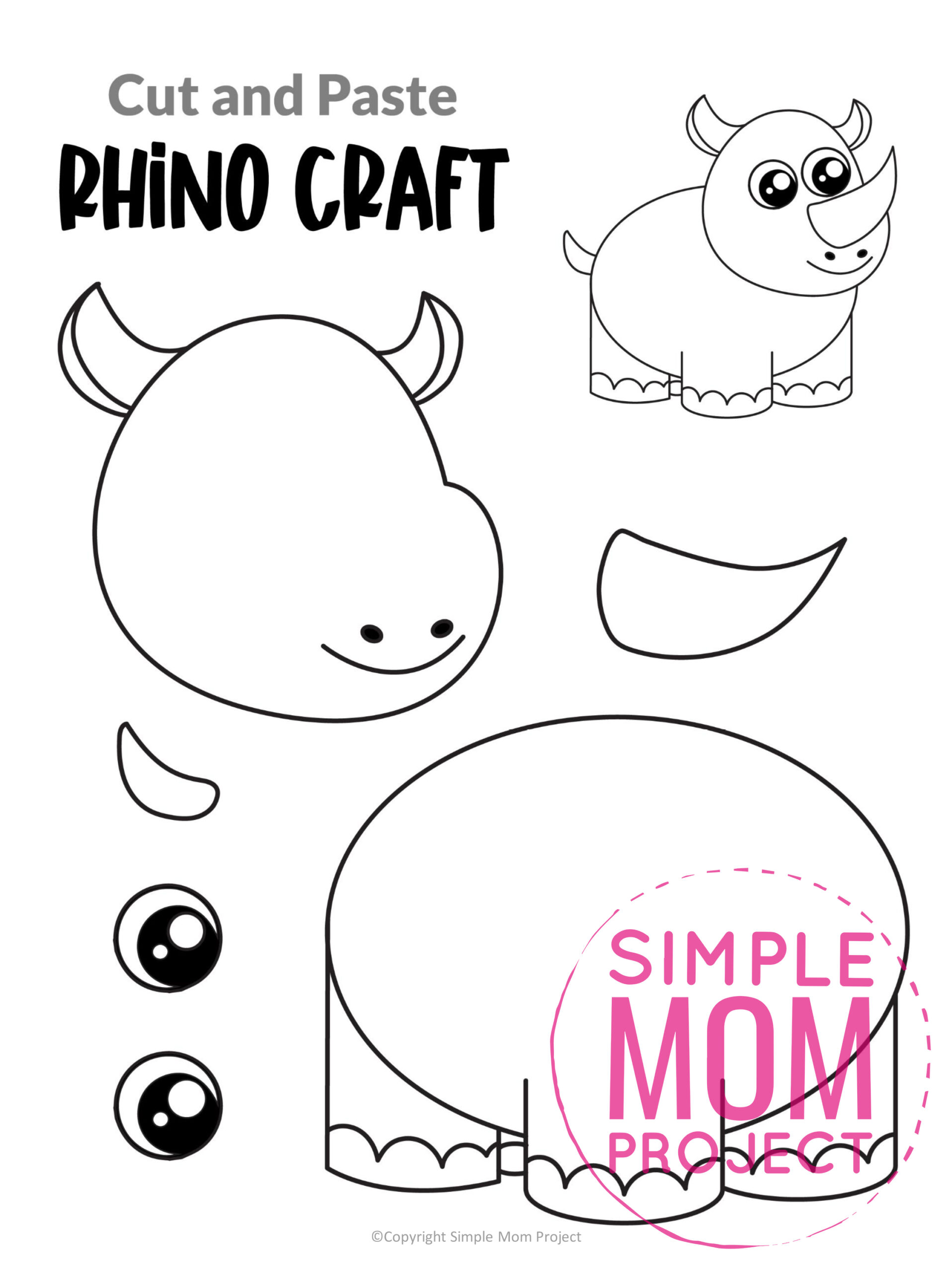 printable cut and paste safari and jungle craft for kids preschoolers toddlers kindergarten rhino