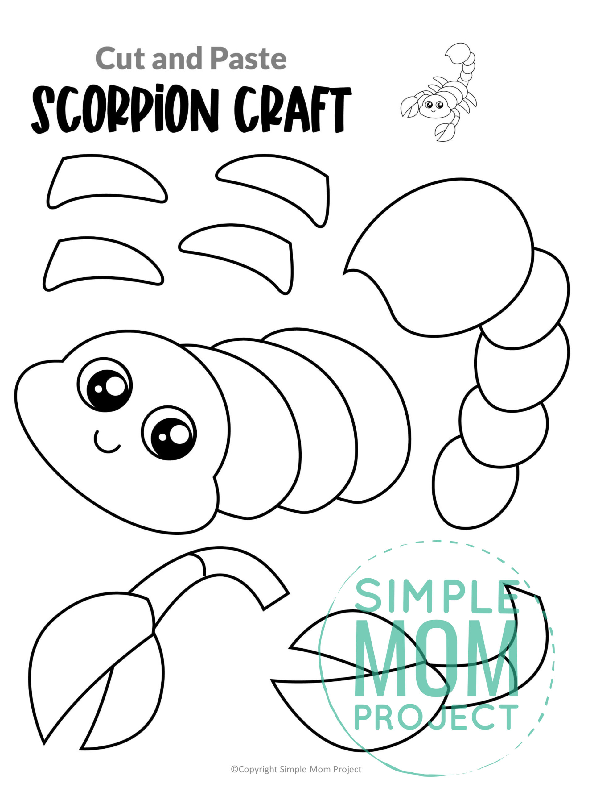 Printable Scorpion Cut and Paste Craft Template for Toddler, Preschooler and Kindergarten Kids 1