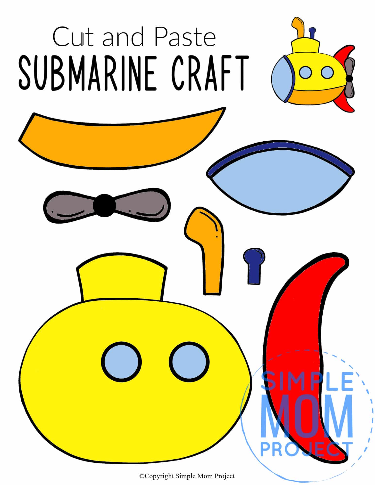Printable Submarine Ocean Animal Craft for Kids, preschoolers and toddlers submarine template 3
