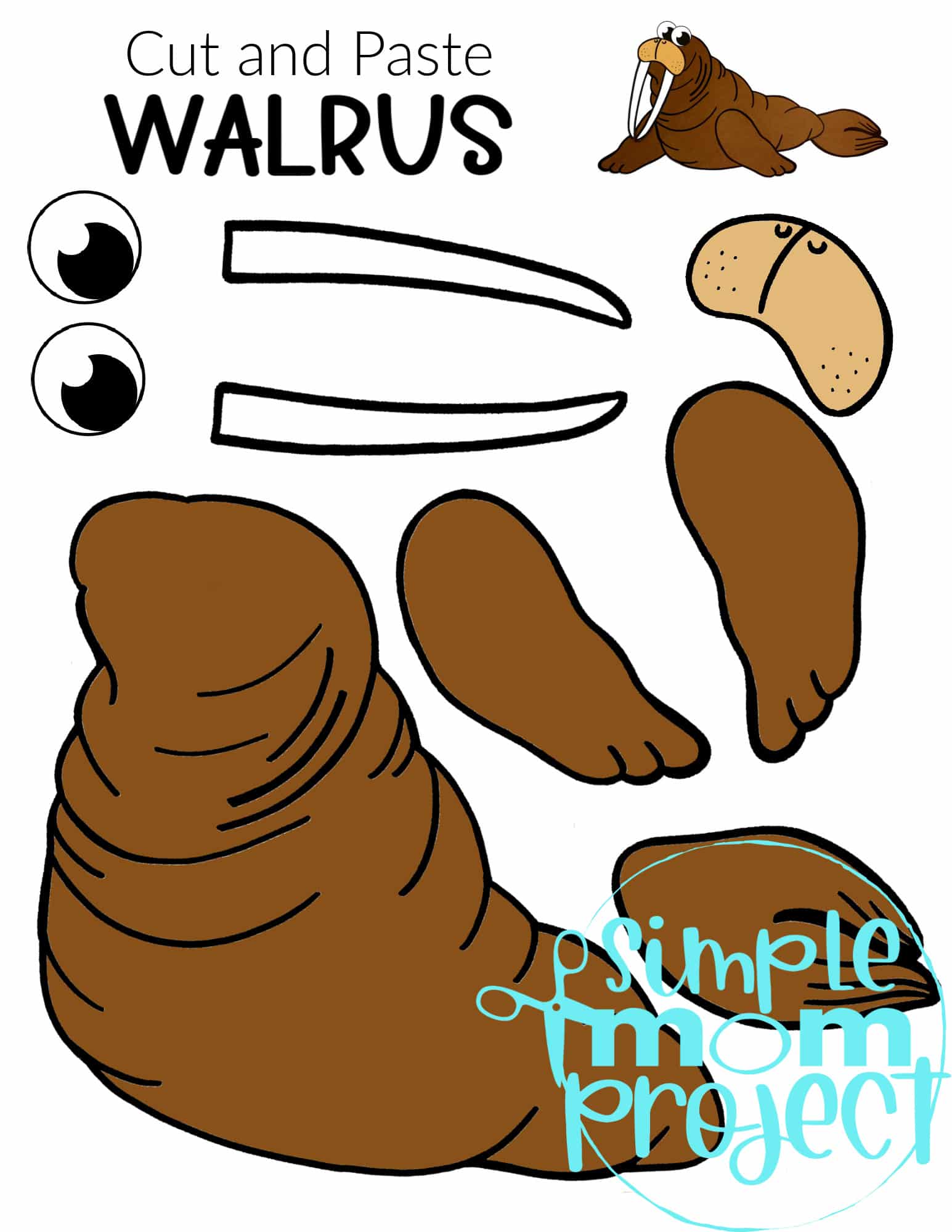Printable Walrus Arctic Animal Cut and Paste Crafts for Kids, kindergartners, preschoolers and toddlers 1