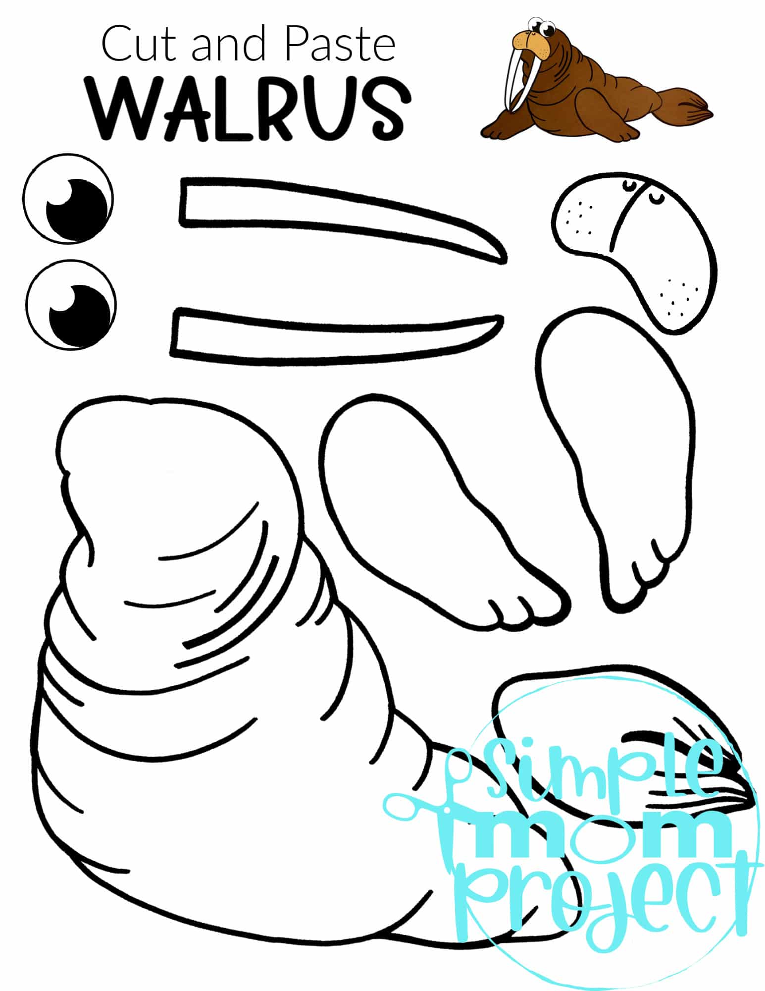 Printable Walrus Arctic Animal Cut and Paste Crafts for Kids, kindergartners, preschoolers and toddlers 1