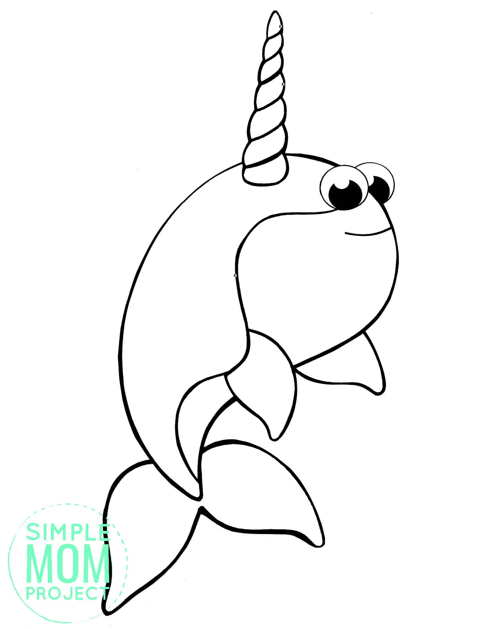 WM Printable Simple Arctic Animal Narwhal Coloring Page for kids preschoolers and toddlers