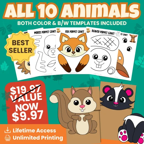 Looking for easy woodland crafts for kids? This bundle includes 10 cute woodland animals in both color + black & white versions. Perfect for classrooms, daycare, and homeschool units!