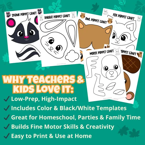 ? This Woodland Paper Bag Puppet Craft Set includes fox, bear, owl, deer, raccoon & more! Ideal for classroom centers, dramatic play, and forest animal units.