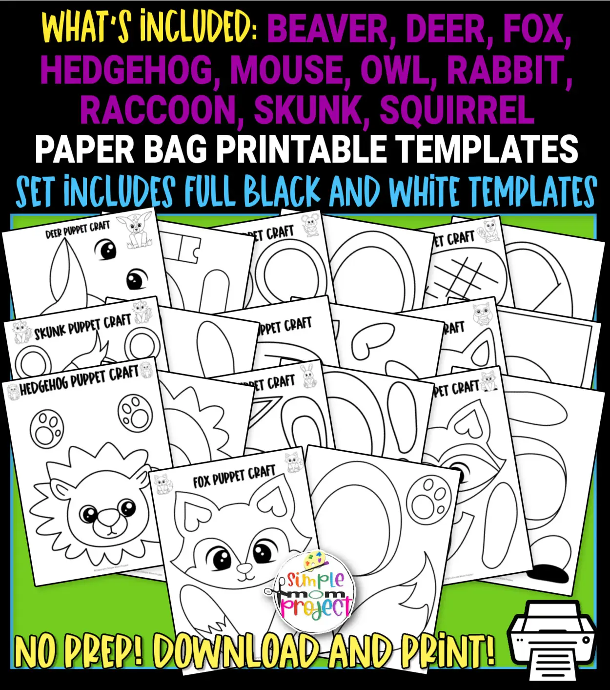 Are you looking for basic black and white woodland animal activities for your preschool and kindergarten kids? These easy, black and white printable woodland animal puppet crafts are great for improving coloring skills and fine motor skills development. From a blank printable beaver to a squirrel craft, every woodland creature is easy to assemble and brings lots of fun to your kids.