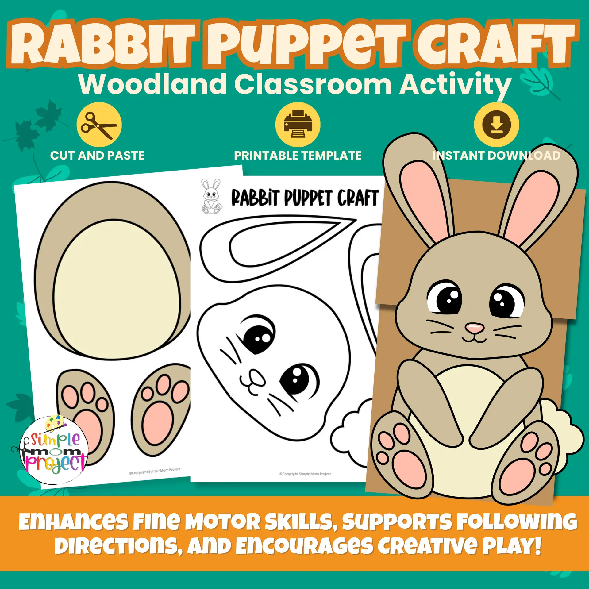 Hop into fun with this Rabbit Paper Bag Puppet Craft! A simple printable activity for preschool and kindergarten — just print, cut, glue, and play! ?? #WoodlandCraft #KidsActivities