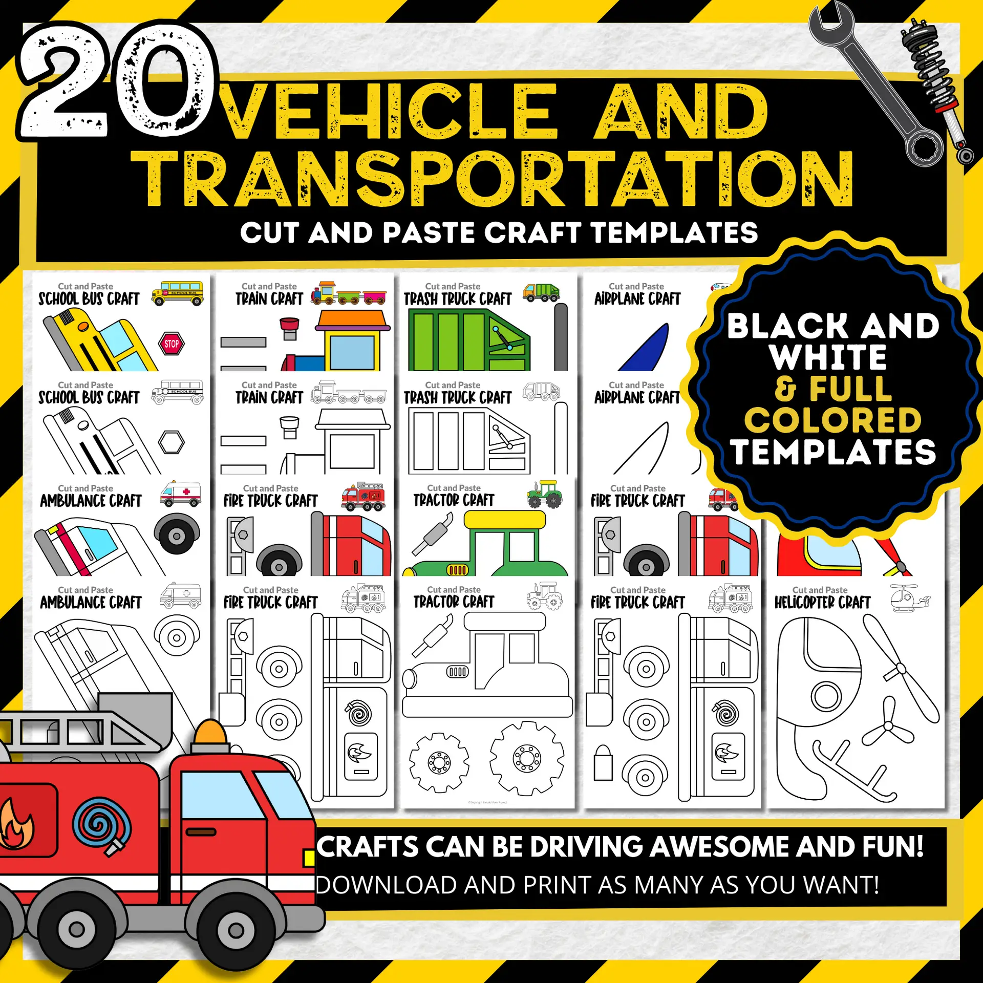 Transportation Crafts Bundle – 20 Printable Vehicle Cut & Paste Activities for Kids