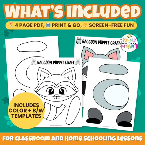 Create your own Woodland Raccoon Puppet! This easy printable craft is perfect for preschoolers to cut, glue, and play while building fine motor skills. ✂️? #PreschoolCraft #PrintableActivity