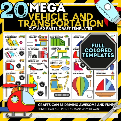 Are you in search of a vibrant set of easy-to-print vehicle crafts? These charming cut-and-paste full-color vehicle crafts are just what you need! Your children will enjoy creating fantastic projects like a school bus craft, hot air balloon craft, taxi cab craft, and many others using these simple, printable templates. Click now to buy your colorful printable vehicle templates today!