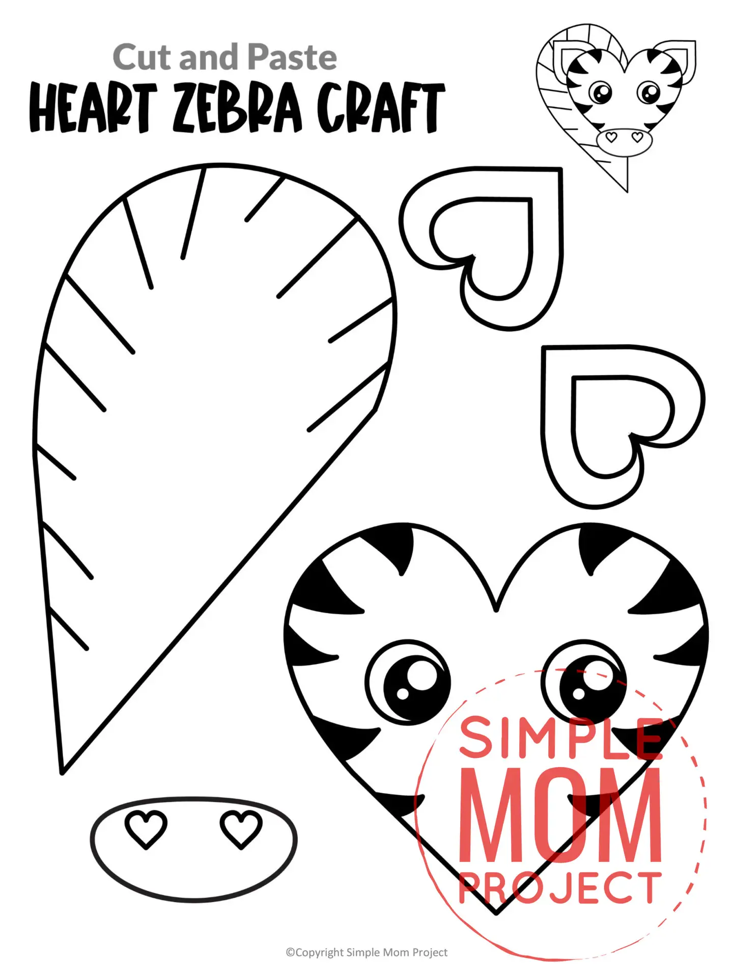 Printable Heart Zebra Cut and Paste Craft Template for Toddlers, Preschoolers, and Kindergarteners