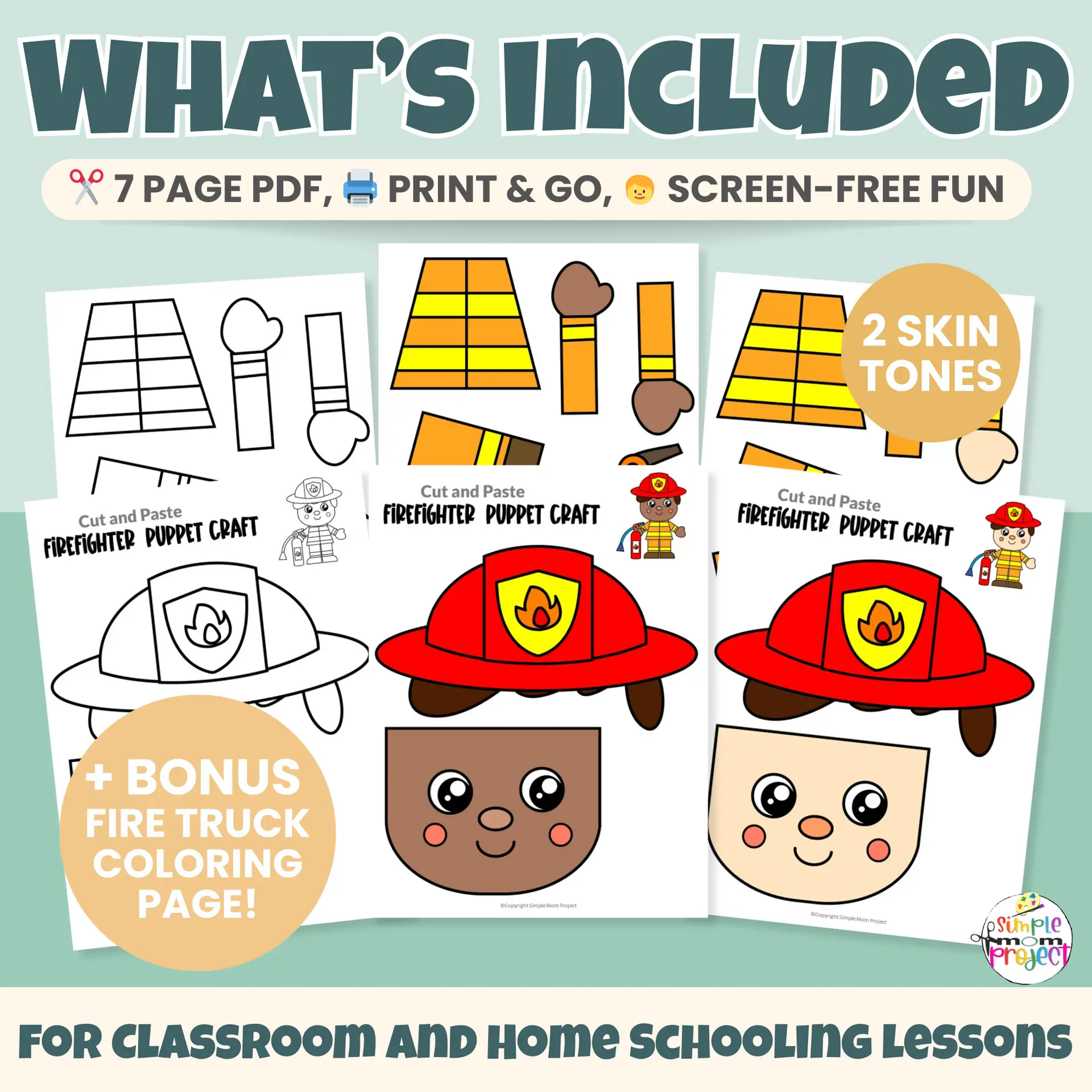 Looking for an easy community helper craft? This printable Firefighter Paper Bag Puppet helps kids learn about fire safety helpers through hands-on play ? Includes color and black-and-white templates and multiple skin tone options. Great for preschool, kindergarten, and homeschool learning!