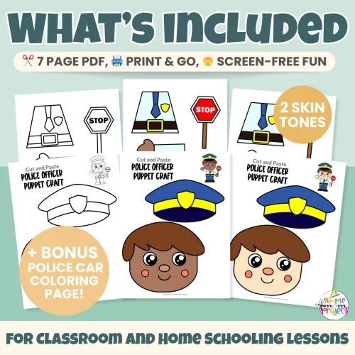 Looking for an easy community helper craft? This printable Police Officer Paper Bag Puppet helps kids learn about community helpers through hands-on play ? Includes color and black-and-white templates and multiple skin tone options. Great for preschool, kindergarten, and homeschool learning!
