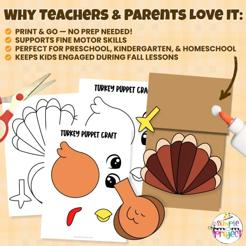 Teachers and parents love this Turkey Paper Bag Puppet Template! A simple printable craft that’s perfect for art centers, homeschool lessons, and rainy-day fun. ☔? #CraftIdeas #PreschoolFun #PrintableKidsCraft
