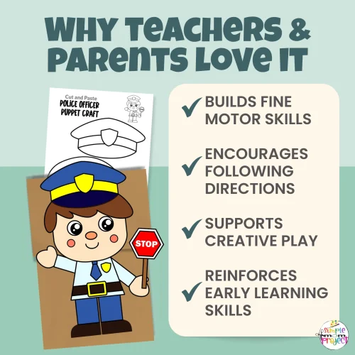 Make learning fun with this Police Officer Paper Bag Puppet Craft ?✂️ A simple print-and-go activity that supports scissor skills, creativity, and storytelling. Perfect for preschool, kindergarten, and community helper units.