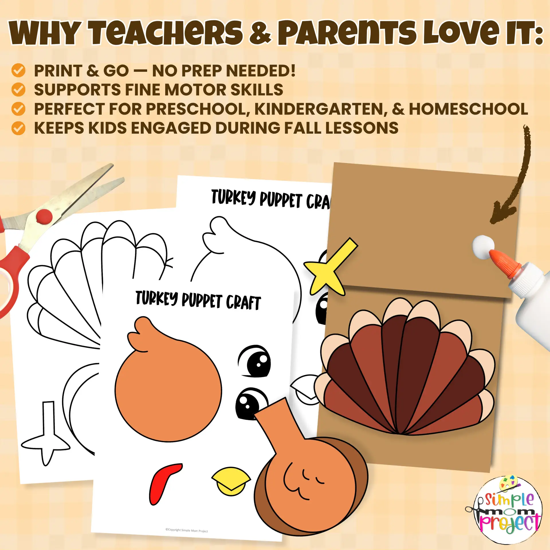 Teachers and parents love this Turkey Paper Bag Puppet Template! A simple printable craft that’s perfect for art centers, homeschool lessons, and rainy-day fun. ☔? #CraftIdeas #PreschoolFun #PrintableKidsCraft