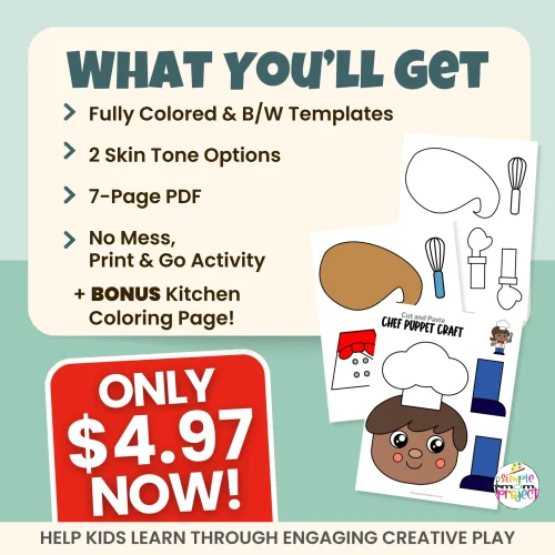 Try this adorable Chef Paper Bag Puppet Craft during your community helper week or cooking theme! Includes two chef skin tones + a B&W template. Great for preschool fine motor skills, storytelling, and dramatic play.