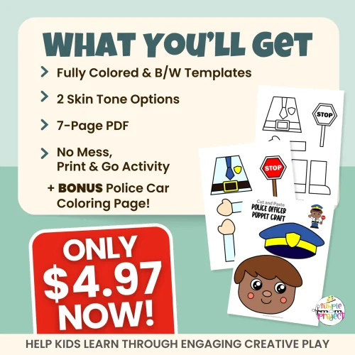 Teach kids about community safety helpers with this printable Police Officer Puppet Craft ?‍♀️ Just print, cut, and glue to create a fun paper bag puppet for dramatic play and social-emotional learning. Classroom-friendly and easy to prep!