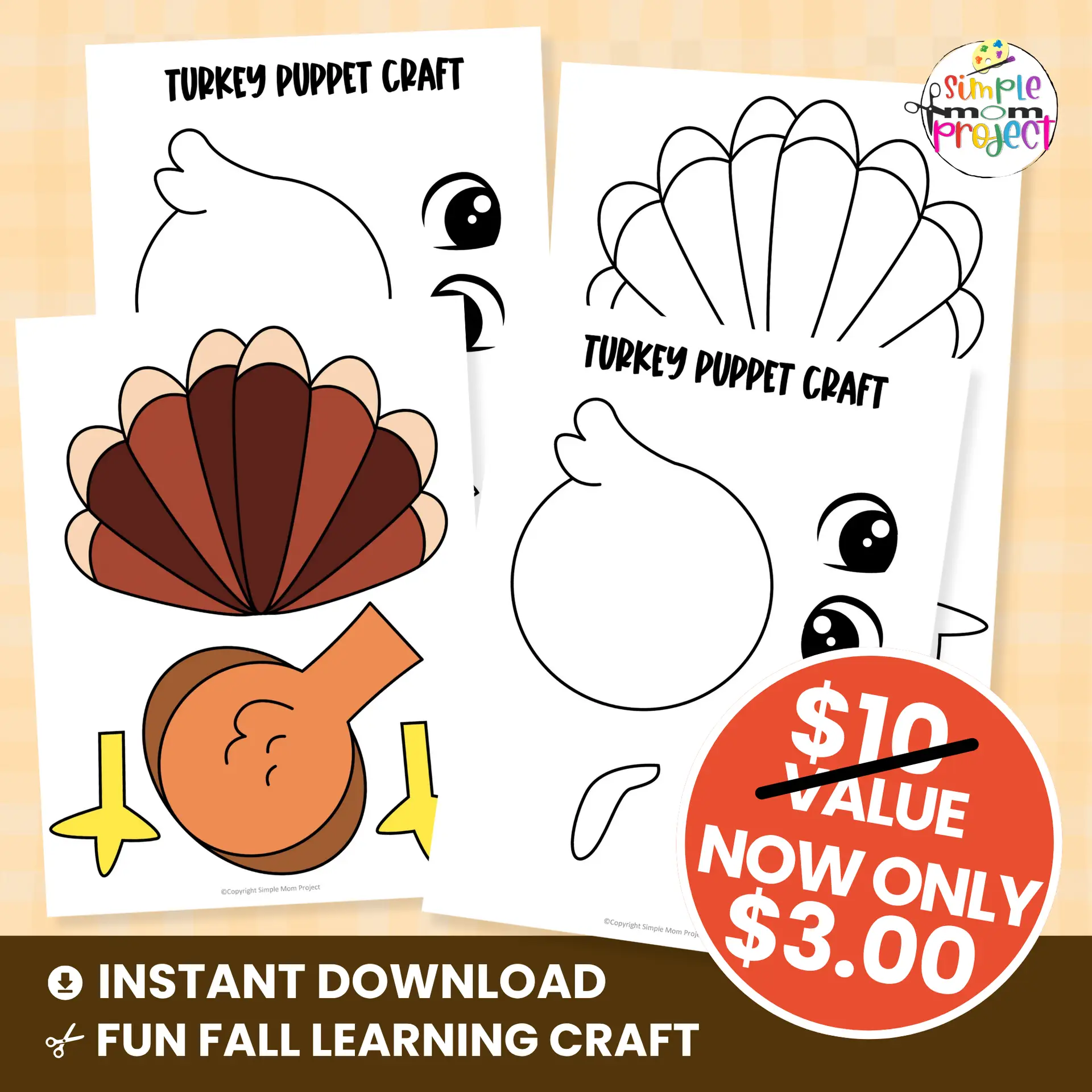 Looking for a low-prep craft idea? Try this printable turkey puppet! Perfect for preschool and kindergarten kids to build fine-motor skills while having creative fun. ? #PreschoolCrafts #CutAndPasteCraft #PrintableActivities