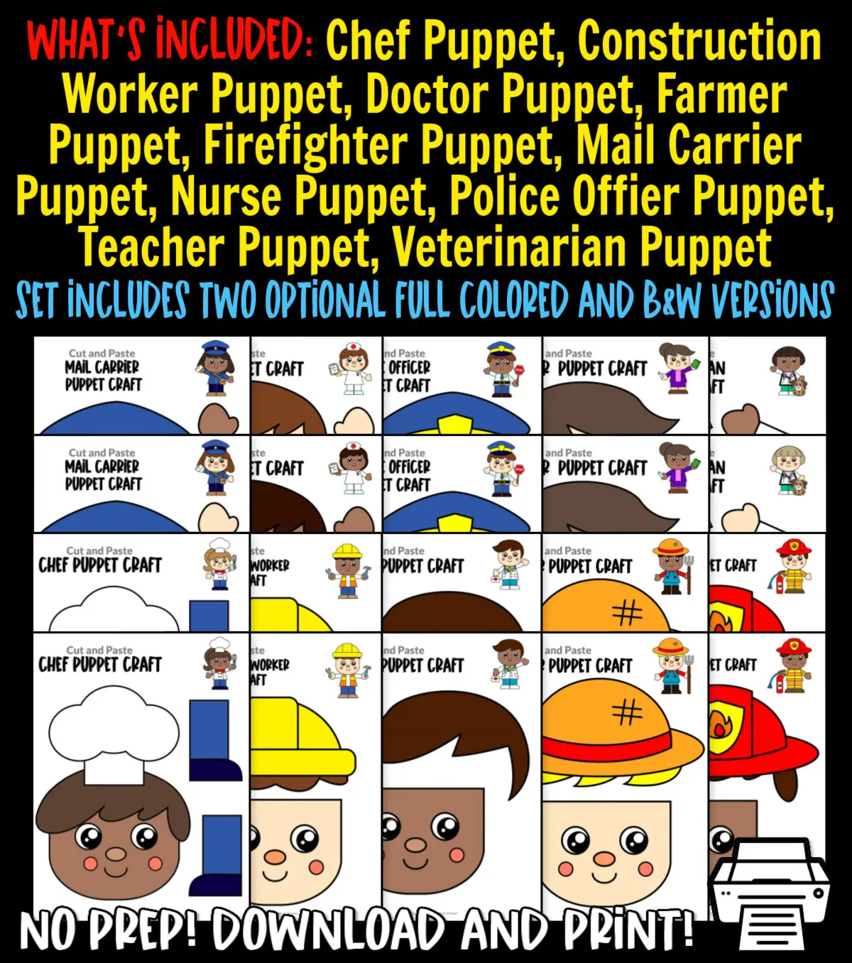 Looking for quick and easy puppet crafts for your kids? This printable community helper paper bag puppet craft bundle is a great craft activity made just for toddlers, preschoolers, kindergarteners and even grown-up kids! Teach your kids the importance of these community workers in our daily lives using these printable community helper craft puppet templates. Include these printable community helper puppet bundle crafts in your next puppet show, so be sure to grab your copy now!