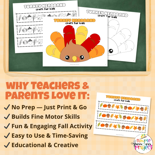 Build creativity and fine-motor skills with this adorable turkey headband printable craft. Great for preschool, kindergarten, or homeschool. ?