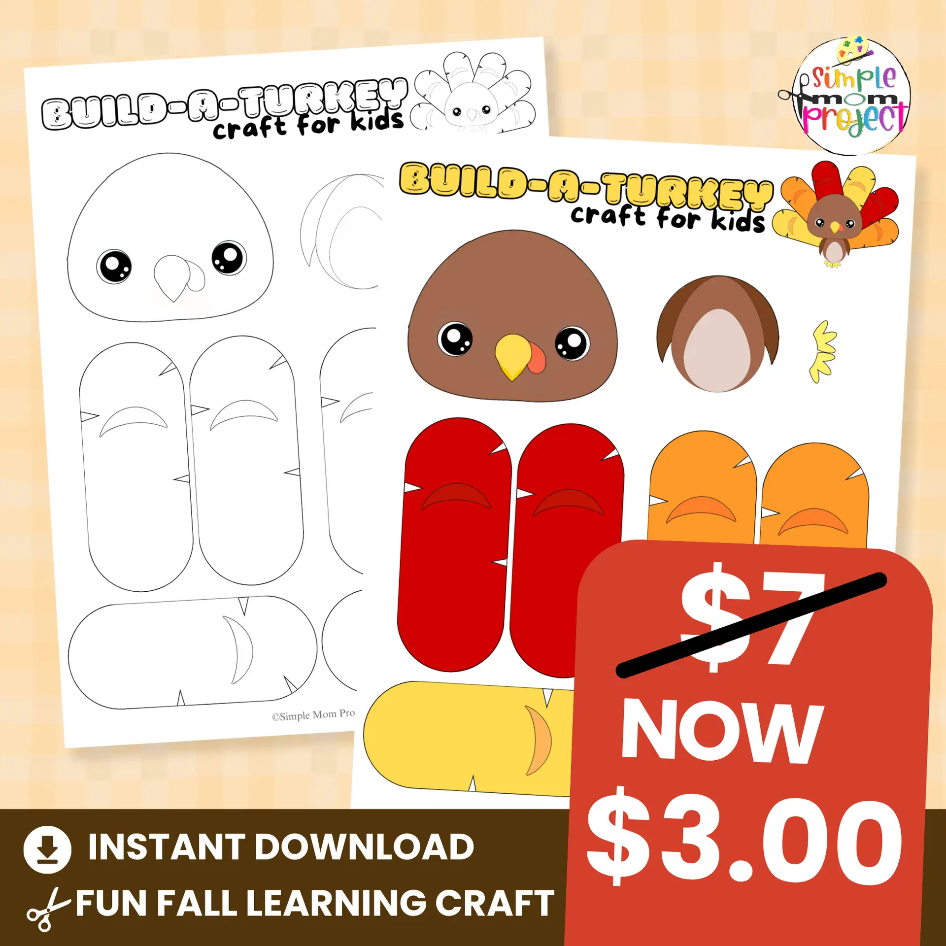 Teachers and parents love this build-a-turkey activity because it’s fun, simple, and educational. Use it in your fall art centers or home learning lessons. ?