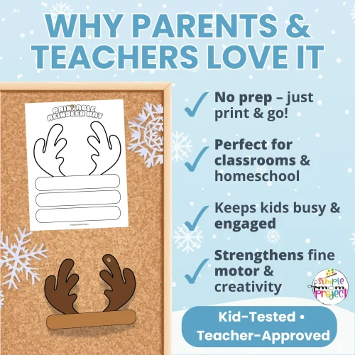 ? This Reindeer Headband Printable is ideal for classroom photo ops, morning tubs, and winter pretend play. Includes coloring version too!