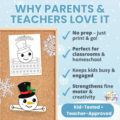 ? A fun winter activity kids love! This Snowman Hat Printable includes full color + coloring pages for an engaging seasonal craft.