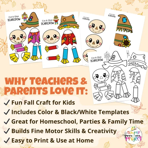 Add seasonal fun to your homeschool with this printable scarecrow craft! Easy for kids to cut, paste, and color. Includes color + B/W pages, and extra coloring sheets. Perfect for fall lessons! ✂️??