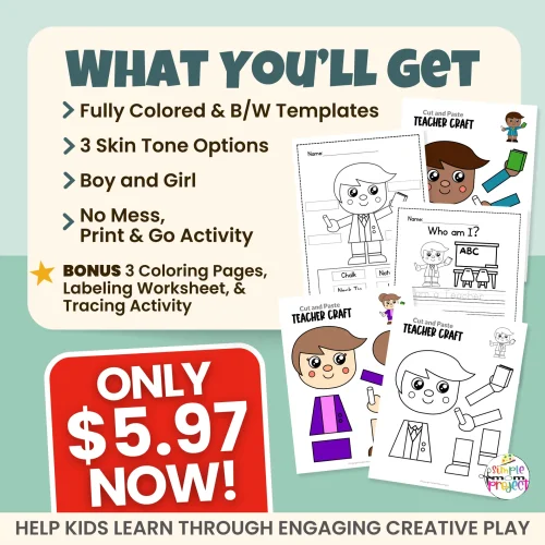 This teacher craft printable keeps kids engaged while supporting early learning skills. Cut, paste, trace, and label activities build confidence and creativity. Includes inclusive character options and FREE bonus activities.