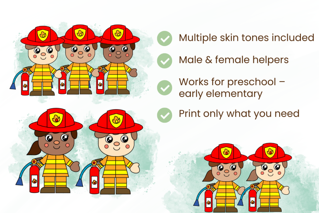Inclusive community helper crafts with multiple skin tones, male and female helpers, and flexible print-and-go pages for diverse learners.