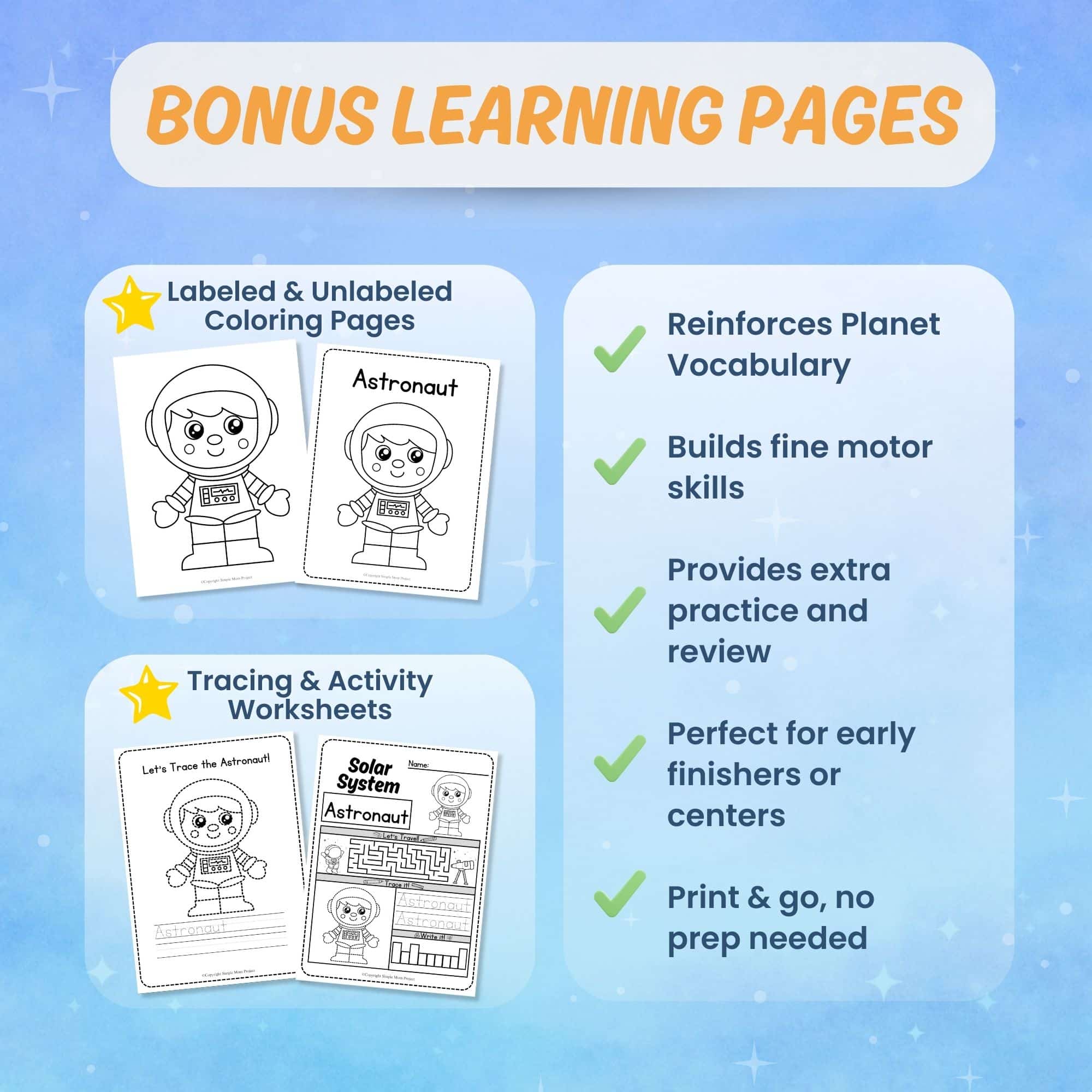 Astronaut printable worksheets tracing coloring science activity pages