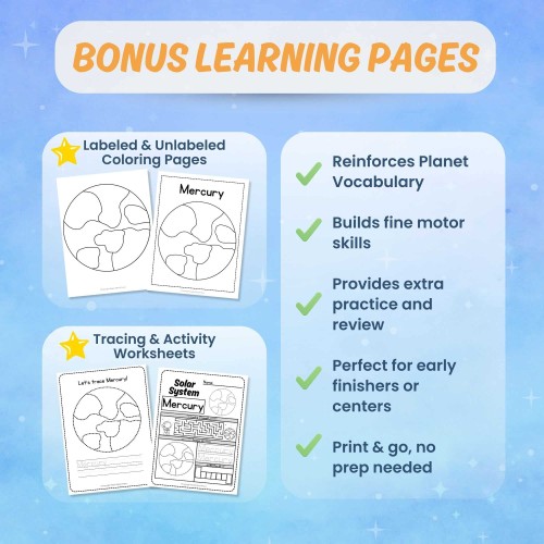 Printable Mercury worksheets tracing coloring science activity pages