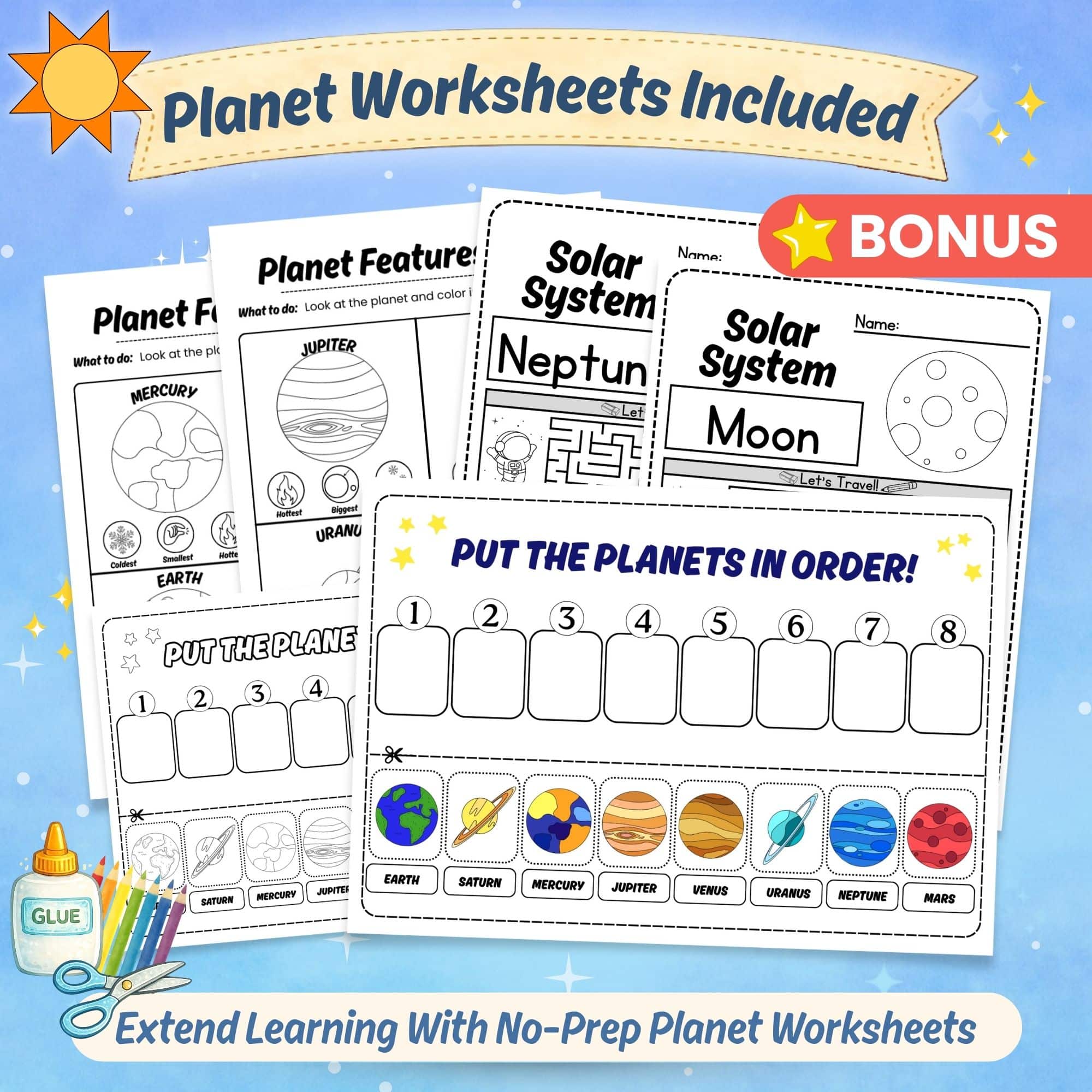Bonus solar system worksheets planet sorting features tracing science activities