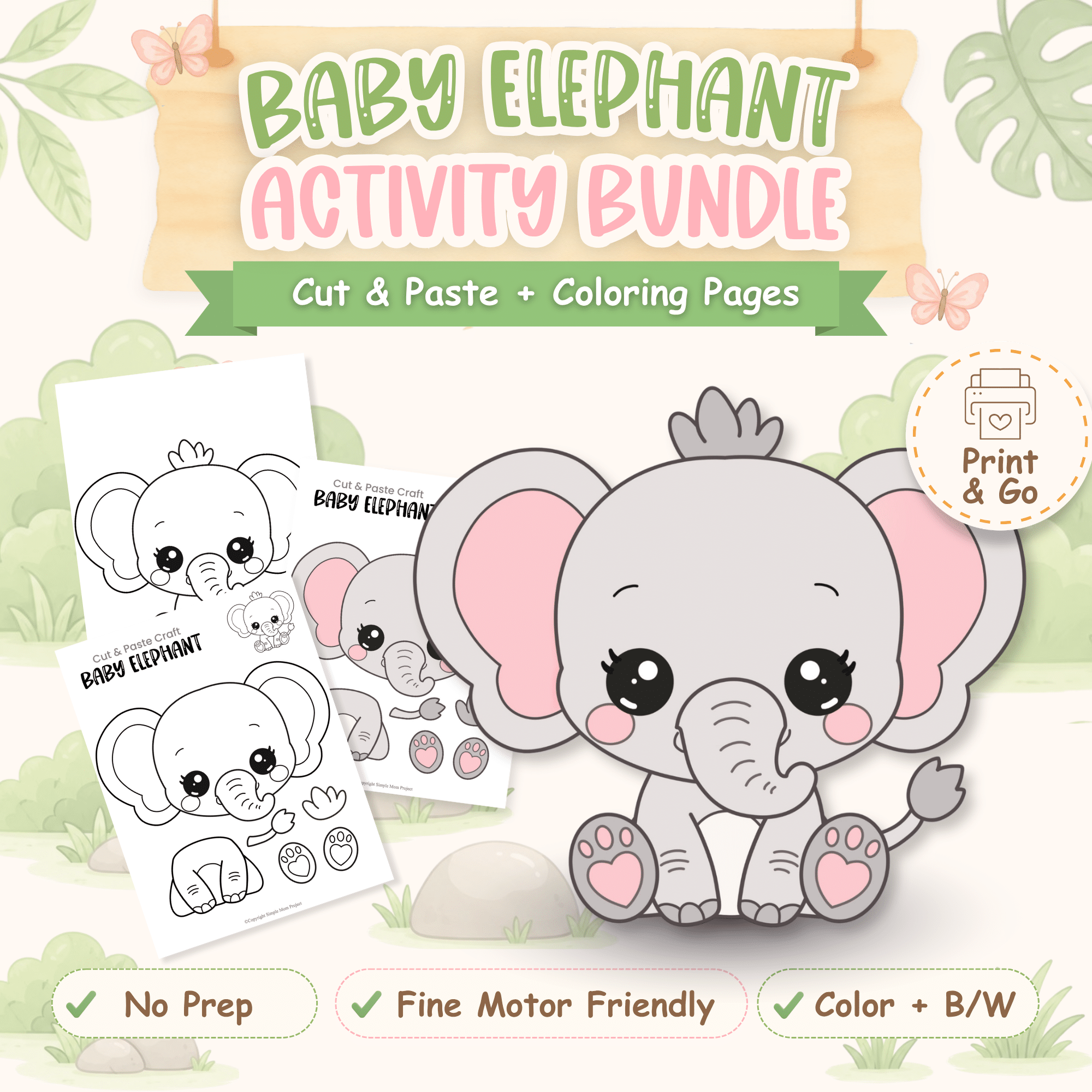Printable baby elephant craft bundle with cut and paste templates and coloring pages for preschool and kindergarten.